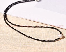 Natural 3mm Black Spinel  Freshwater Pearl Silver Choker Women Necklace Gift
