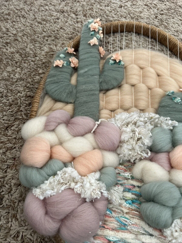 Винтажный богемный кактус настенный висячий шерстяные розы обнаженные горы 70-е ручная работа уникальный - Изображение 3 из 4