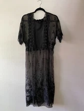 Rare Antique Victorian Edwardian Black Embroidered Sheer Dress Goth Small