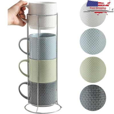 Stackable Porcelain Coffee Cups Set of W/ Metal Stand Microwave