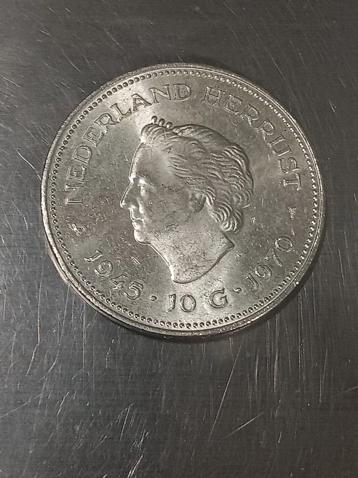 1945 10 G 1970 Nederlanden 10 Gulden 25g Silver Coin UNC Herrijst Netherlands  - Image 2 of 4