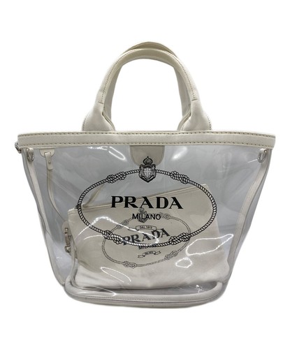 PRADA Canapa Plex 2Way Clear Tote Bag White PVC Logo Shoulder Handbag 1BG187