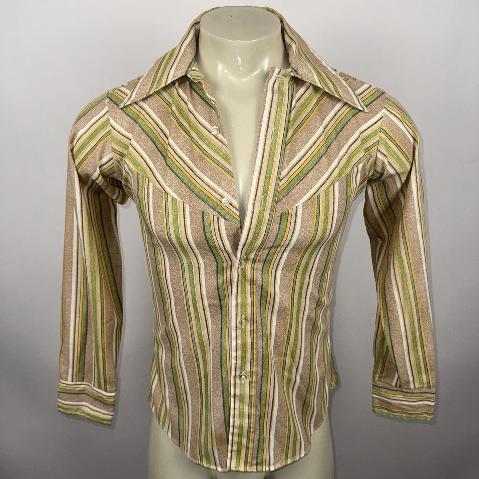 复古 70 年代西尔斯衬衫条纹迪斯科西部摇滚领 14 码 18 男式 XS — 第 2/4 张图片