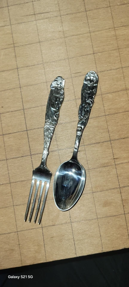Juego de tenedores y cucharas Tiffany & Co 1910 antiguo raro Silver Jack & Jill, Nursery Ryme Foto 3 de 4