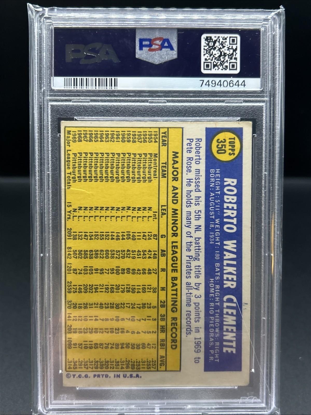 1970 Topps - Roberto Clemente #350 PSA 3 view 2