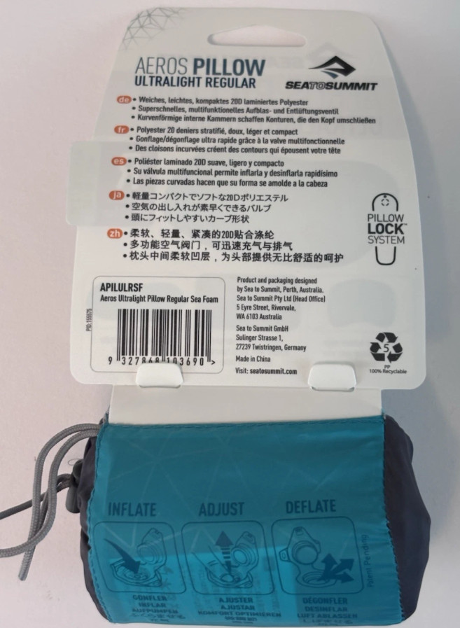 Sea To Summit Aeros Inflatable Pillow, Ultralight Regular *Seafoam* NEW!