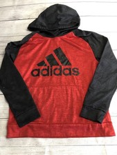 Adidas Hoodie Youth Large 14-16 Red Black Logo Fleece Kangaroo Pocket Sweatshirt