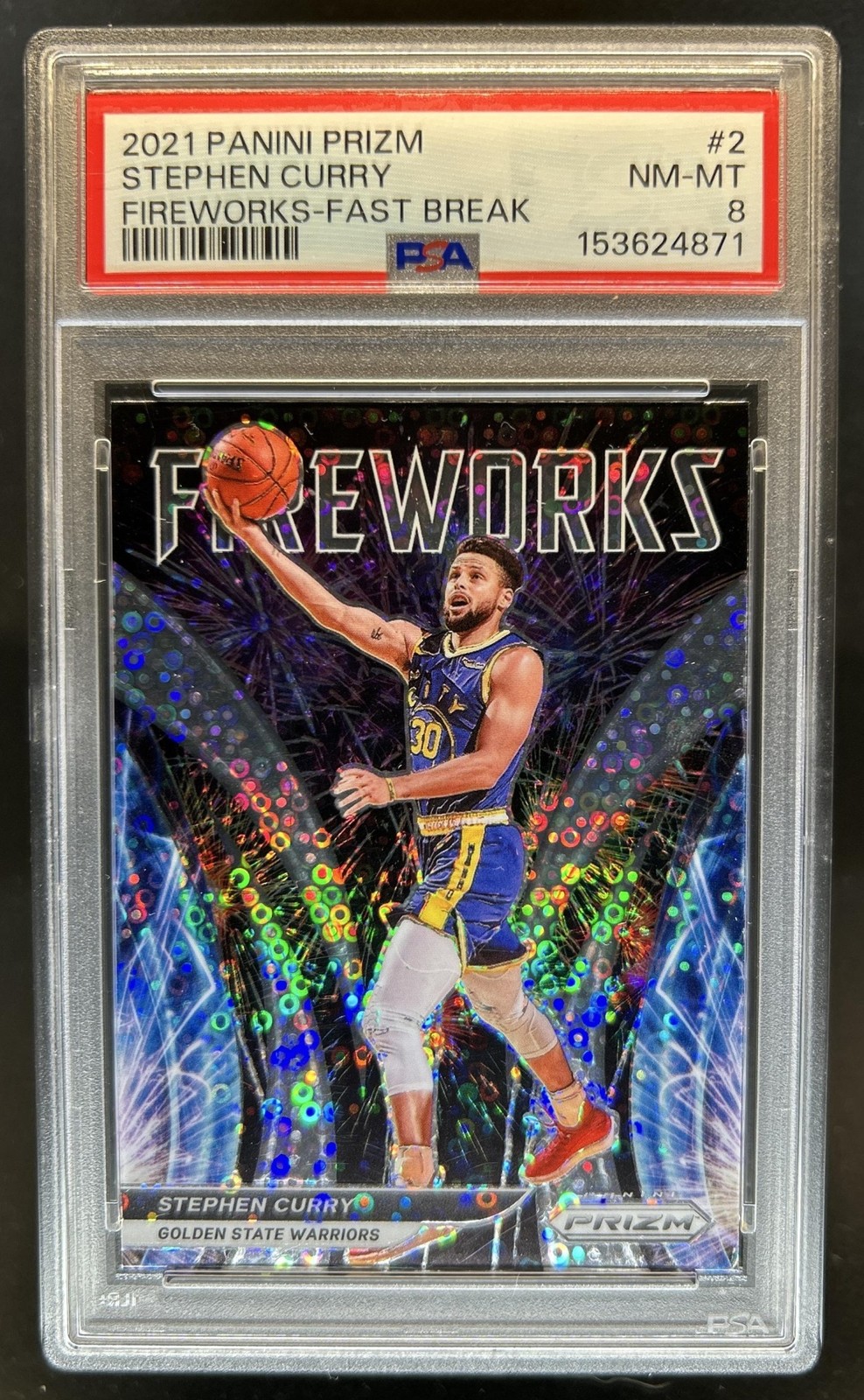 2021-22 Panini Prizm Stephen Curry Fireworks Fast Break #2 Warriors PSA 8
