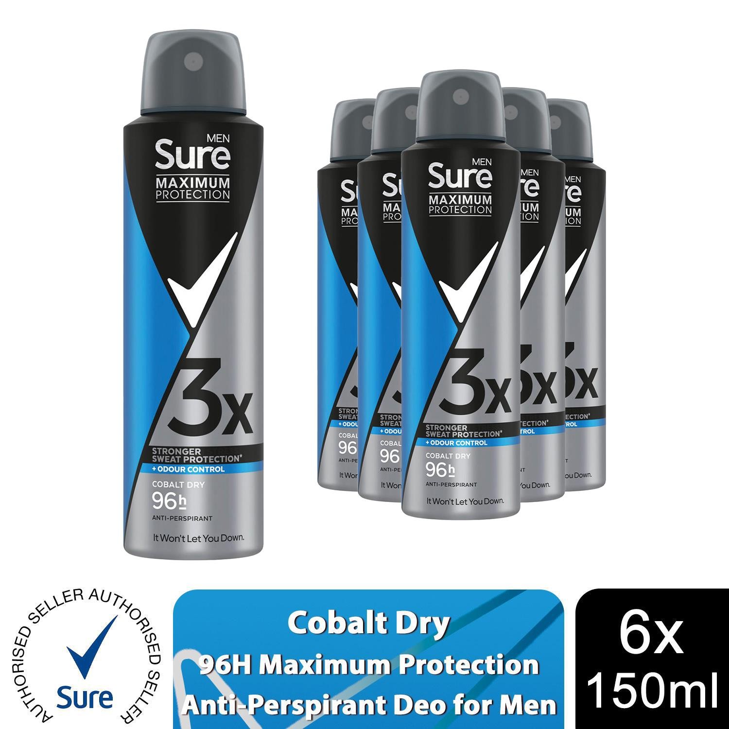 Sure Men Anti-Perspirant Deodorant Cobalt Dry 96H Maximum Protection 150ml, 24Pk - Image 3