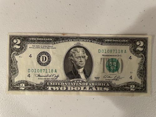 2 Dollar Schein 1976, Top Zustand. Vintage US-Währung,