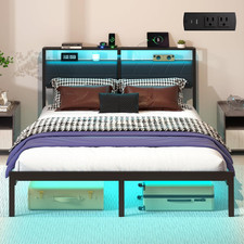 Queen Bed Frame with LED Lights  Charging Station, Metal Platform Bed Frame wit