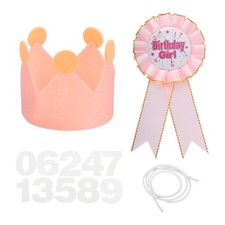 Birthday Crown Ribbon Brooch Pin Set for Girl Theme Party Decoration, Light Pink