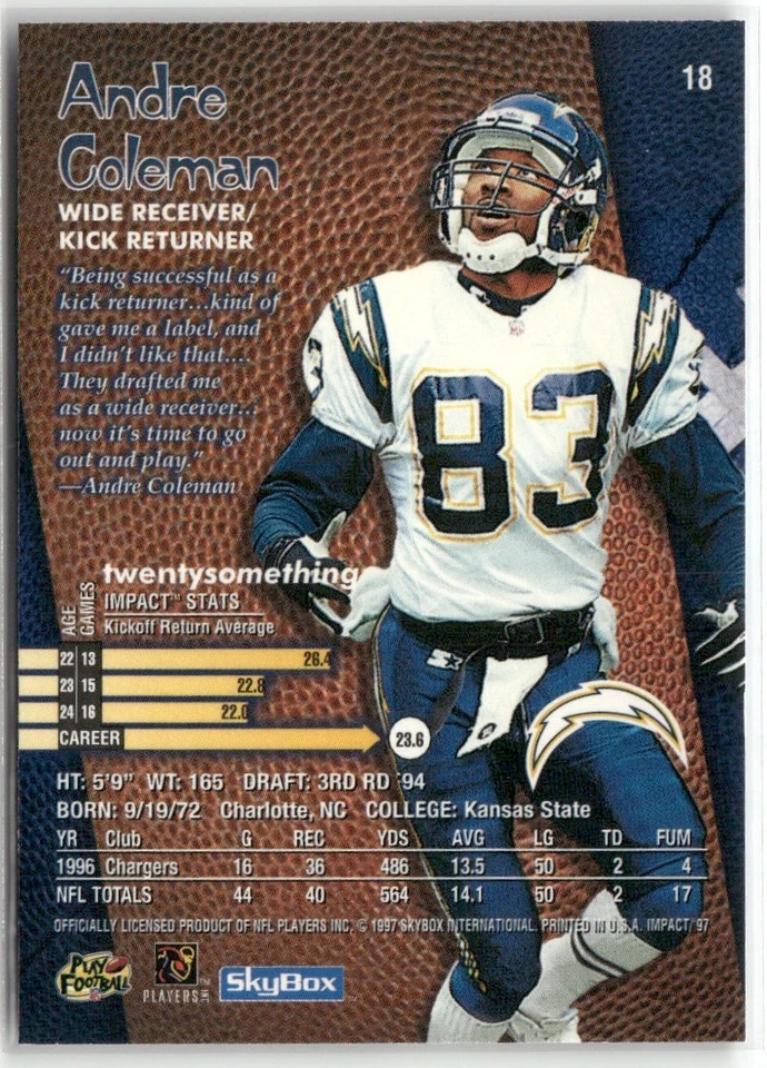 1997 SKYBOX IMPACT ANDRE COLEMAN SAN DIEGO CHARGERS #18 - Image 2 of 3