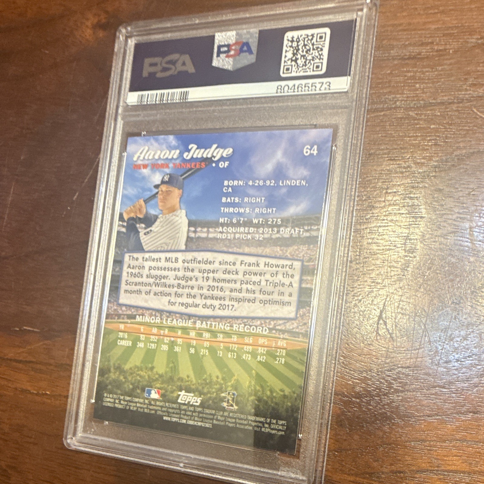 Topps 2017 Stadium Club Aaron Judge #64 Rookie Base Yankees PSA 10 80465573 view 2