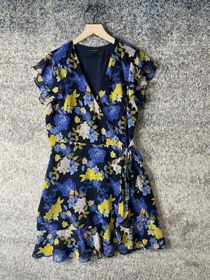 Banana Republic Dress Womens 12 Blue Floral Wrap Ruffle Hem Short Sleeve V Neck