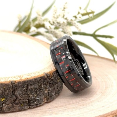 8mm Unisex Tungsten Promise Ring with Red Carbon Fiber Inlay Modern Wedding Band