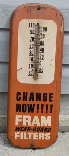 Vintage FRAM Wear Guard Air Filters Gas & Oil Advertising Metal Thermometer Sign