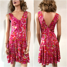 AUTH Dolce & Gabbana Vintage Floral Print Open Back Lace Up Silk Dress IT40