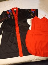 Natori Robe  Gown Neiman Marcus L Black  Red, Purple Gold Leaves Long Kimono