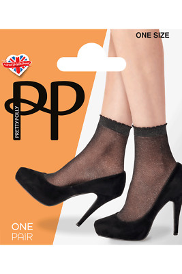 Pretty Polly ~ SPARKLE ~  mesh anklet socks BNWT ~ black & silver one size