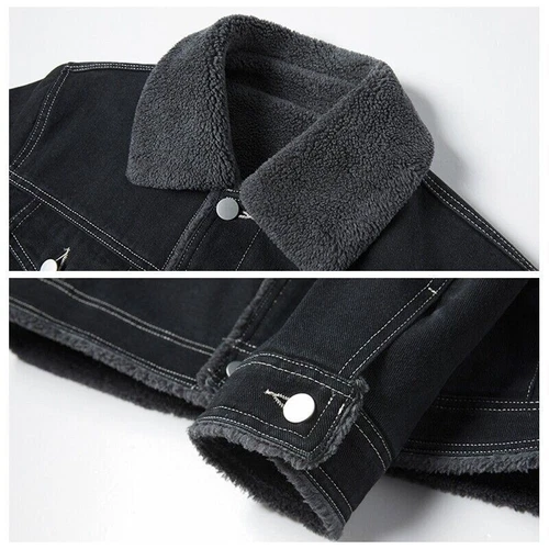 Men Sherpa Fleece Lined Thicken Denim Jacket Winter Lapel Jean Trucker Coat Warm - Imagen 6 de 9