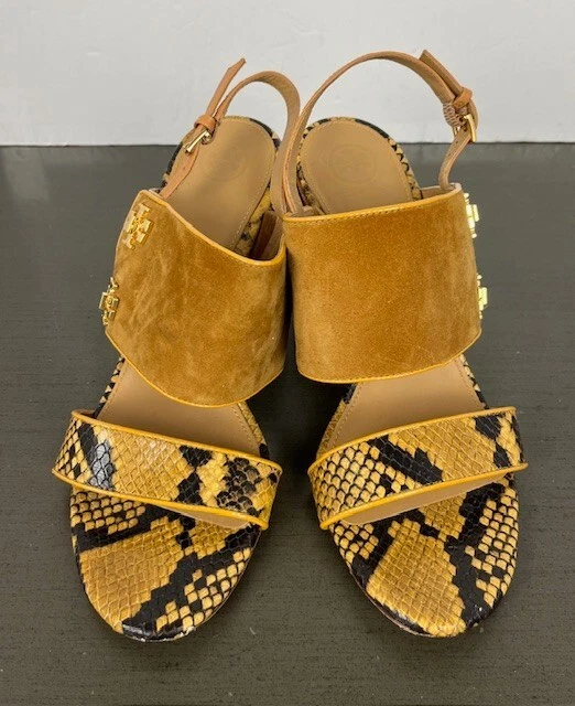 Tory Burch Kira размер 9 М замшевая коричневая змеиная кожа деревянная платформа каблуки кожаная подошва - Изображение 2 из 4