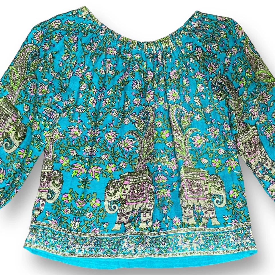 PEEK Niñas Campesino Top Talla Grande 8 Azul Teal Rosa Boho Paisley Floral Elefante Foto 3 de 4
