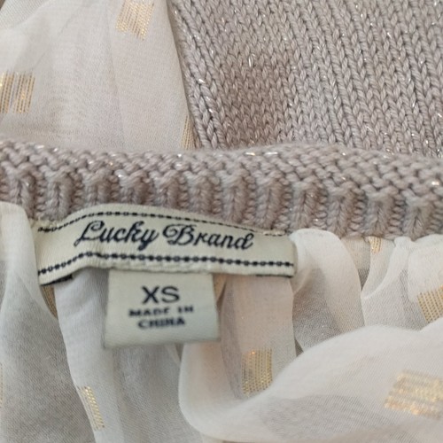 Lucky Brand Sz XS Greige Silver Metallic Layered Eyelet Knit Sweater Split Back - Picture 9 of 9