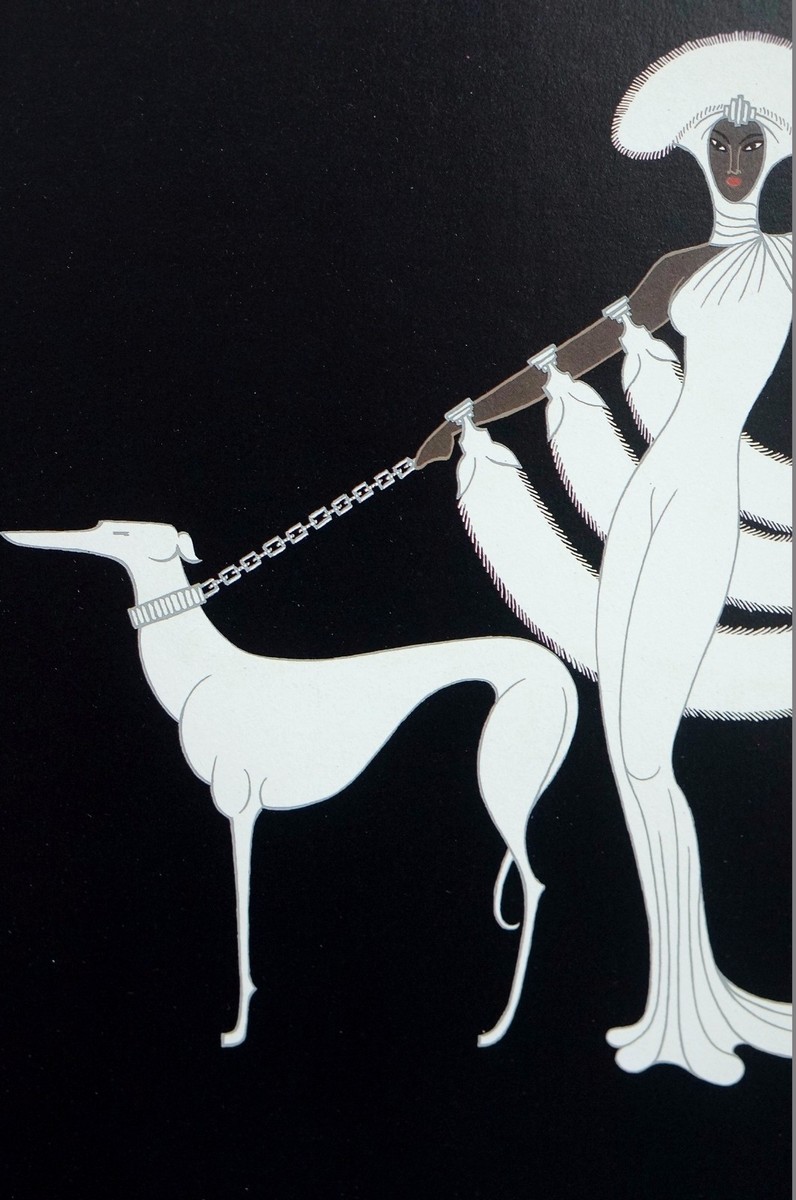 Erte 1987 EBONY and WHITE BROWN SKINNED LADY in FUR w GREYHOUND