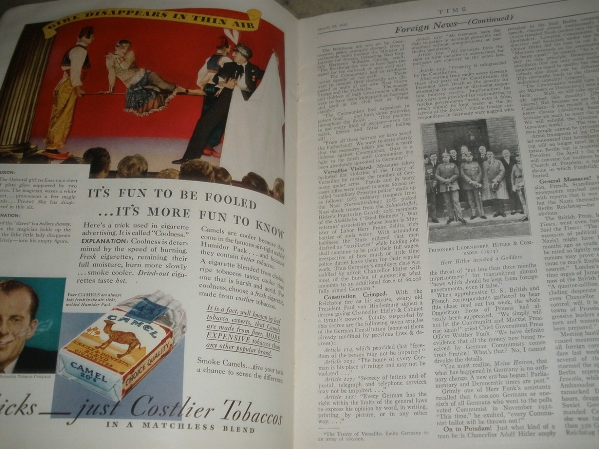 VINTAGE TIME MAGAZINE MARCH 13 1933 WORLD WAR II ERA RARE | eBay