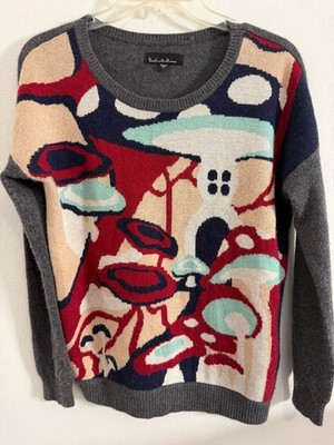 b + ab Abstract Mushroom Sweater Womens M Gray Graphic Intarsia Knit Artsy