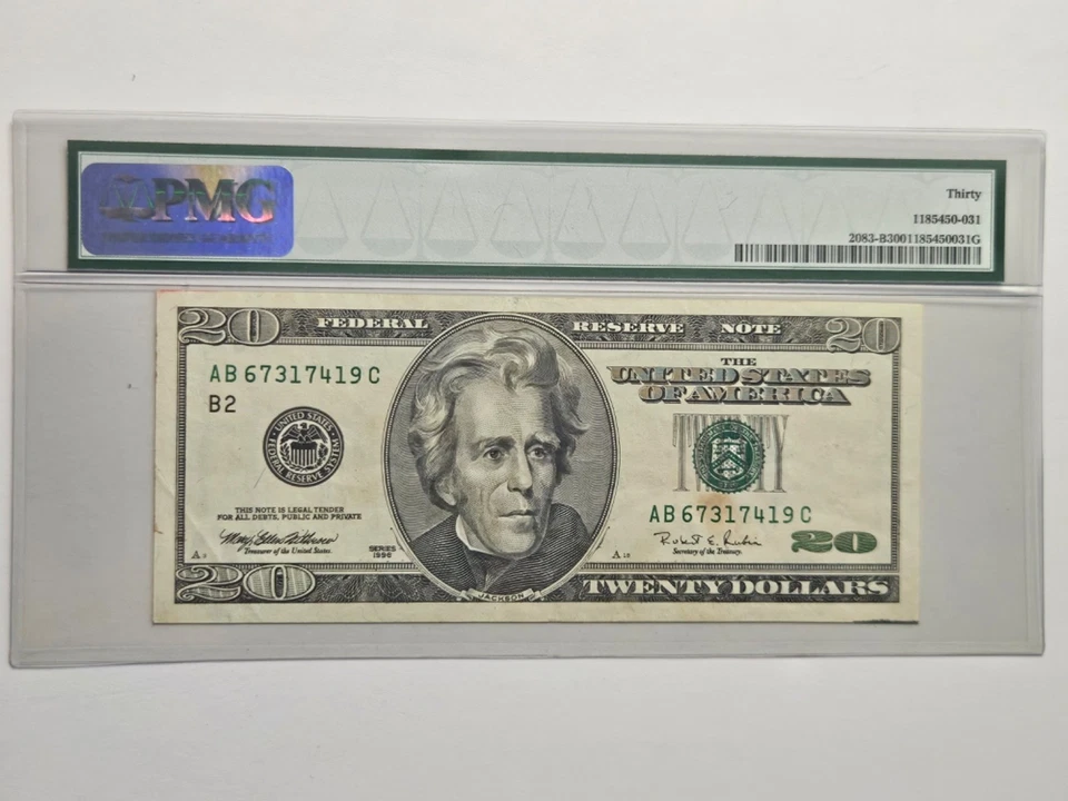 PMG64 1996 20$ INK SMEAR ERROR Federal reserve note New York FR#2083-B - Image 2 of 4