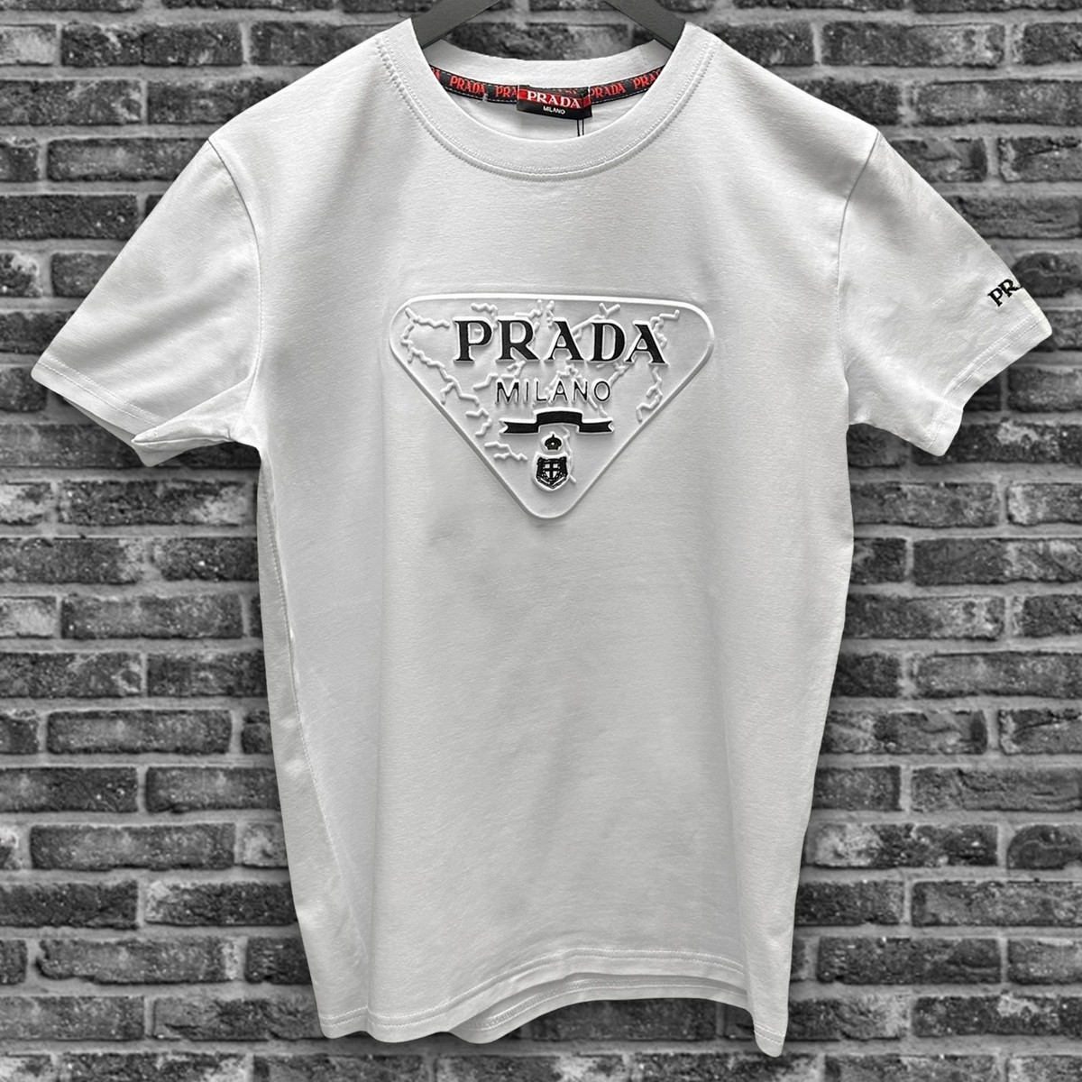 Prada White T-shirt - Triangle Logo and Crest (Size M) - Duty Paid