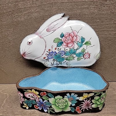 Vintage Enamel and Metal Bunny Trinket Box Florals on Black Base Rabbit Floral