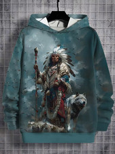 3D Tribal Warrior  Wolf Hoodie Ethnic Feather Art Pullover Unisex