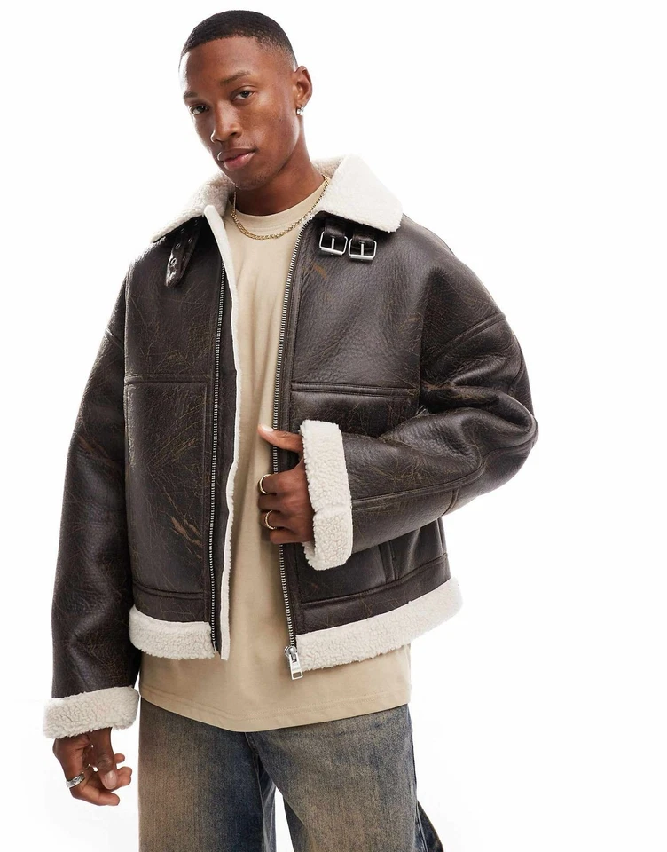 Hombres Aviador Marrón RAF B3 Piloto Volador Bombardero Piel de Oveja Chaqueta de Cuero Real Foto 3 de 4