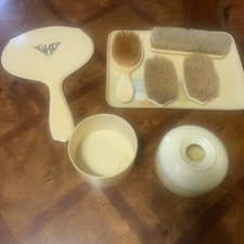 Vintage Antique Ivory Celluloid Vanity Dresser Brush Mirror Set Pyralin