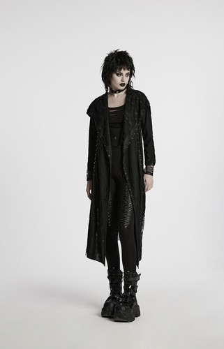 Punk Rave Women Black Gothic Decadent Asymmetric Knitted Hooded Trench Coat - Picture 8 of 19
