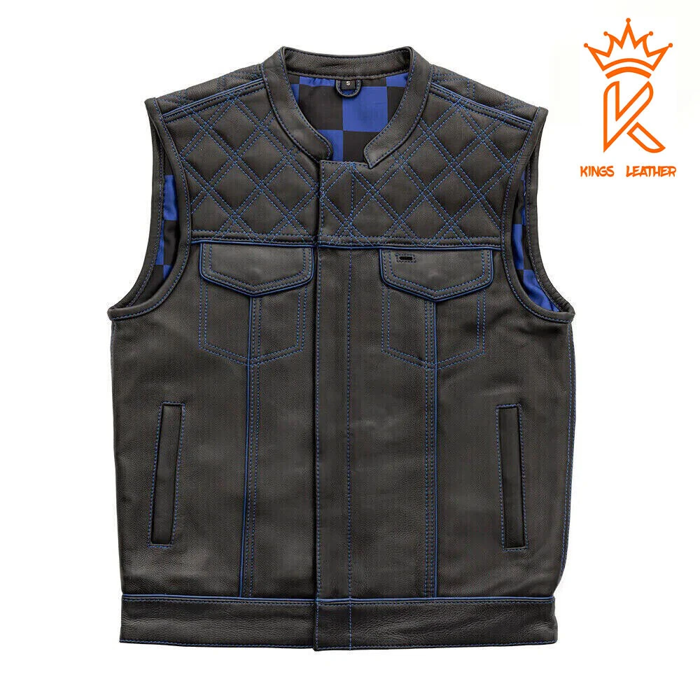 Black Premium Leather Motorcycle Vest Blue Checker Inner Bike Riding Waistcoat