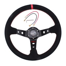 Bocina de volante de coche de carreras deportivo plato profundo de cuero gamuza de 14" 6 agujeros