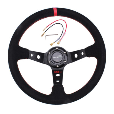 14'' 6 Hole Suede Leather Deep Dish Sport Racing Car Steering Wheel Horn