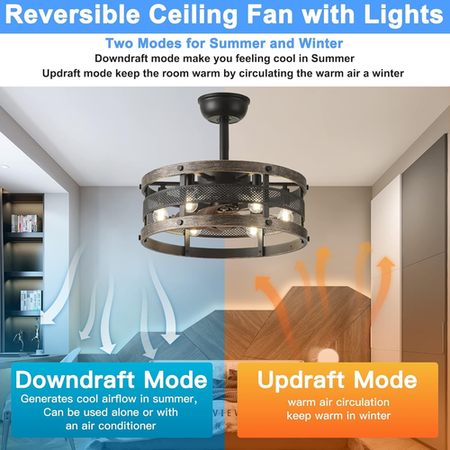 Caged Ceiling Fan with Lights and Remote,19'' Black Industrial Ceiling Fan with - Picture 3 of 7