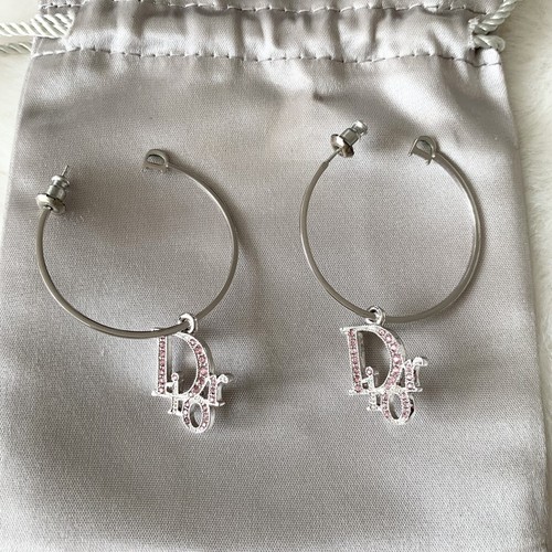 RAROS Pendientes de aros con monograma de cristal rosa plateado Christian Dior - Imagen 2 de 12