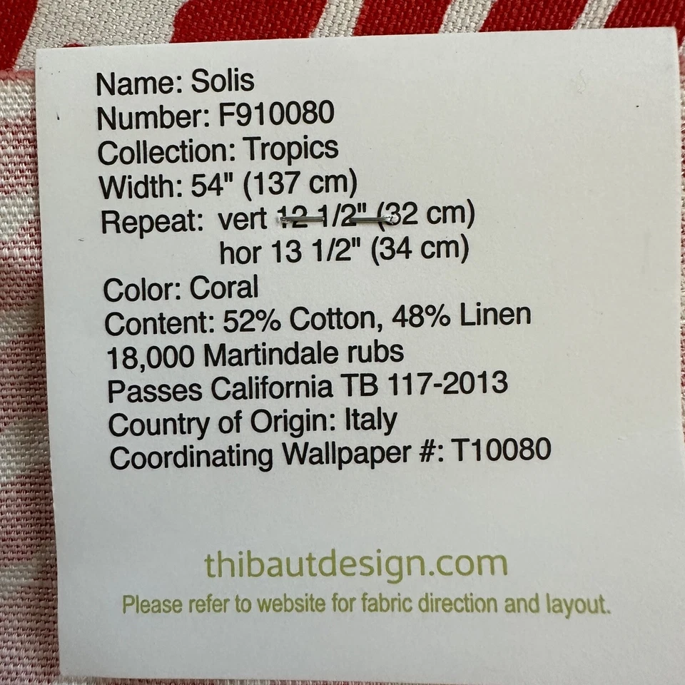 THIBAUT Sample Fabric Solis Tropics Cotton Linen 26" Color CORAL - Image 4 of 4