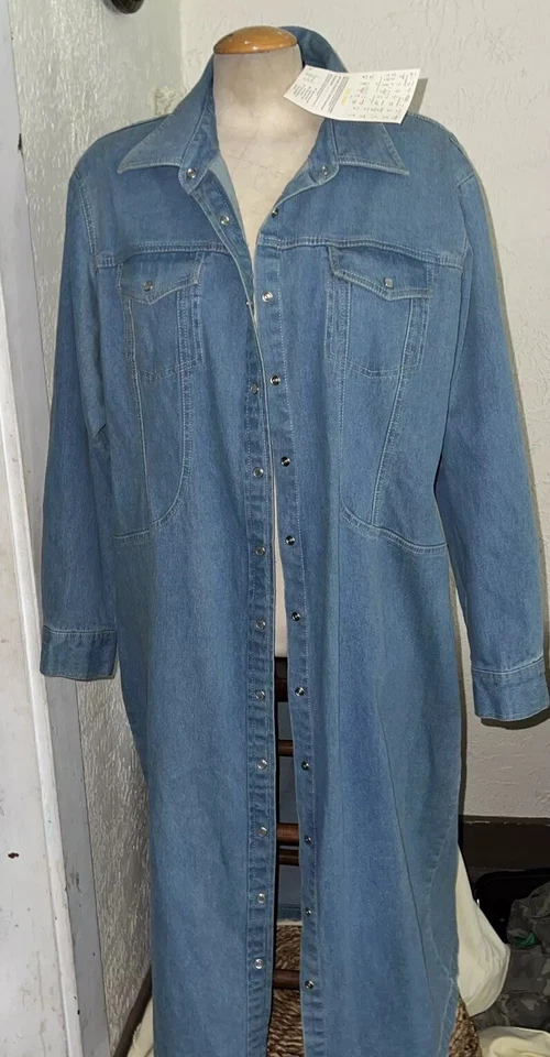 De Colección Denim & Co Jean Maxi Plumero Largo Trench Abrigo Vestido Chaqueta Talla 1X Lavado a la Luz