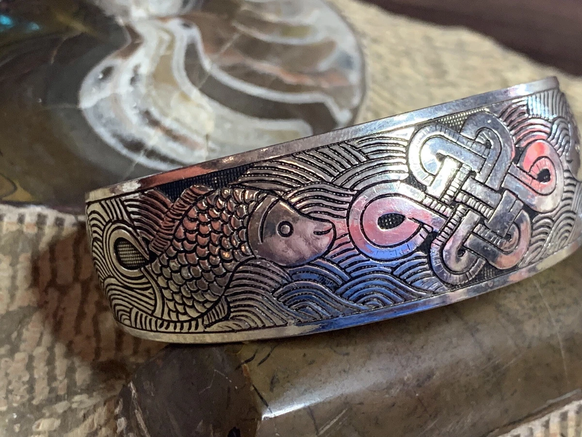 Silver Tone Celtic Design Waves and Fish Cuff Bracelet