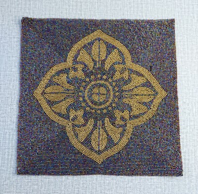 GLASS BEADED TABLE MAT HANDCRAFTED BLUE AND GOLD DESIGN SIZE 14in x 14in