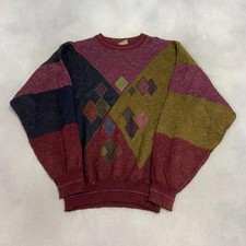 Vintage Abstract Knitted Jumper Patterned Grandad Knit Sweater Men's L