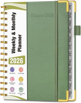 2026 Weekly /Monthly spiral planner, appointment book -5.75'' x 8.38''-green color