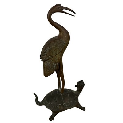 Vintage EXQUISITELY HAND CARVED Brass Crane Standing On Turtle Figurine  10  T